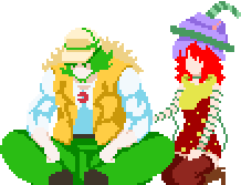 An edited image of Safalin treating an injured Q-Taro. Q-Taro's hair is green, his jacket and hat are yellow, his shirt is blue, and his pants are green. Safalin's hair is red, her hat is purple and green, her dress is yellow and red, and her pants are red