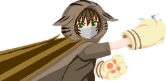 An edited image of Gin, with his orange and yellow cat hood and gloves replaced with tabby colours.
