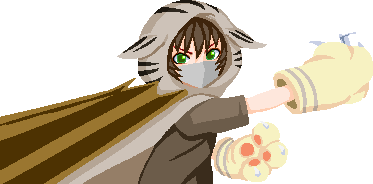An edited image of Gin, with his orange and yellow cat hood and gloves replaced with tabby colours.