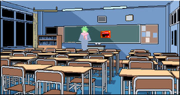 A screenshot of Midori standing in the classroom. His sprite has been edited to be pastel.