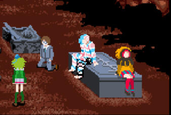 A screenshot of the coffin room before the banquet. Alice's sprite has been edited to be the trans pride colours. All other sprites are unedited.