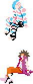An edited sprite of Alice recoloured with trans pride colours, and an edited sprite of Reko recoloured with lesbian pride colours.